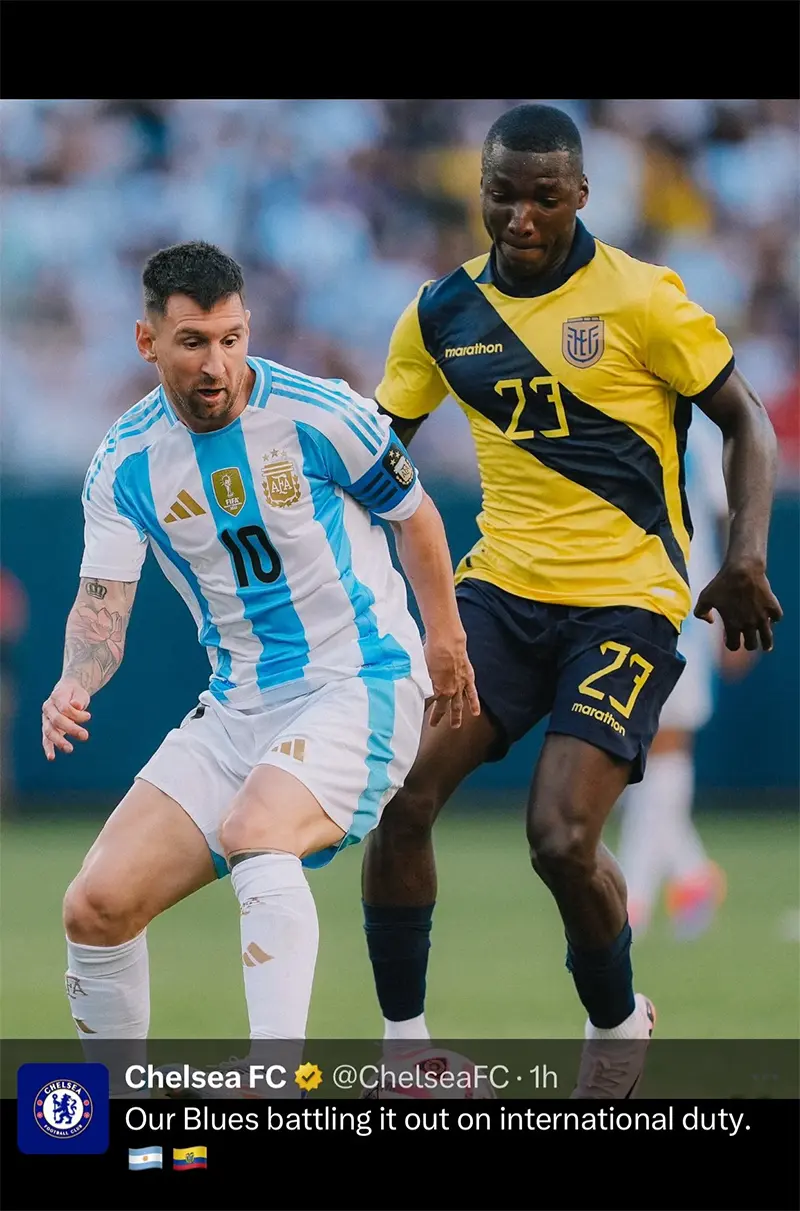 CLB Chelsea đăng ảnh cầu thủ của mình Caicedo (phải, đội tuyển Ecuador) cùng Messi, tương tự là với Enzo Fernandez