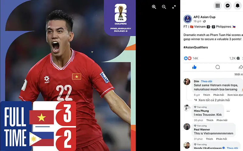 Fanpage AFC khen ngợi chiến thắng của đội tuyển Việt Nam